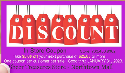 Discount Coupon $5.00 Off Sheer Treasures Store. JUNE-JULY