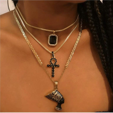 Necklace: Triple Strand Multi Level Pendants. (Nefertiti) Free Shipping